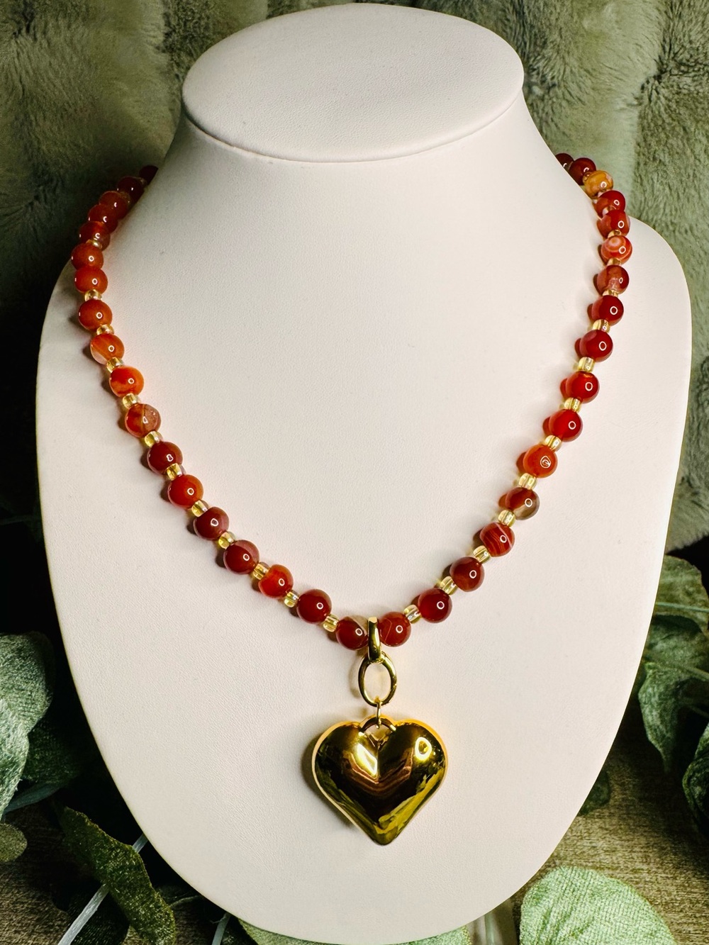Gold Heart Pendant Necklace with Red Agate Beads